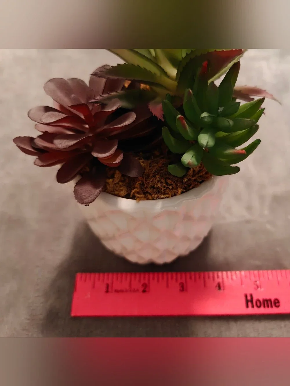 Faux Succulents, Green and Burgundy in a White Planter